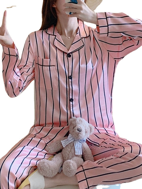 Women Pink Stripe Print Camp Collar Long Sleeve Home Casual Faux Silk Pajama Sets