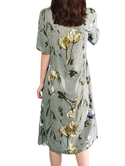 Retro Floral Print Two Pockets Loose Casual Dress For Women