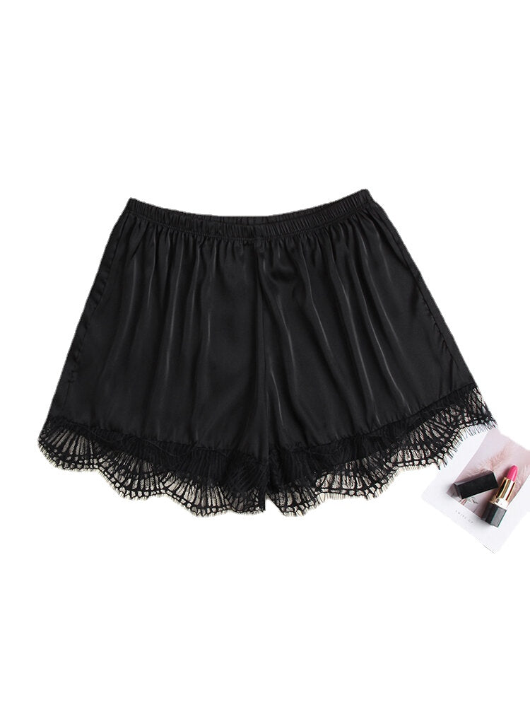 Plus Size Faux Silk Seamless Lace Trim Smooth Butt Lifter Mid Waisted Safety Short Pants