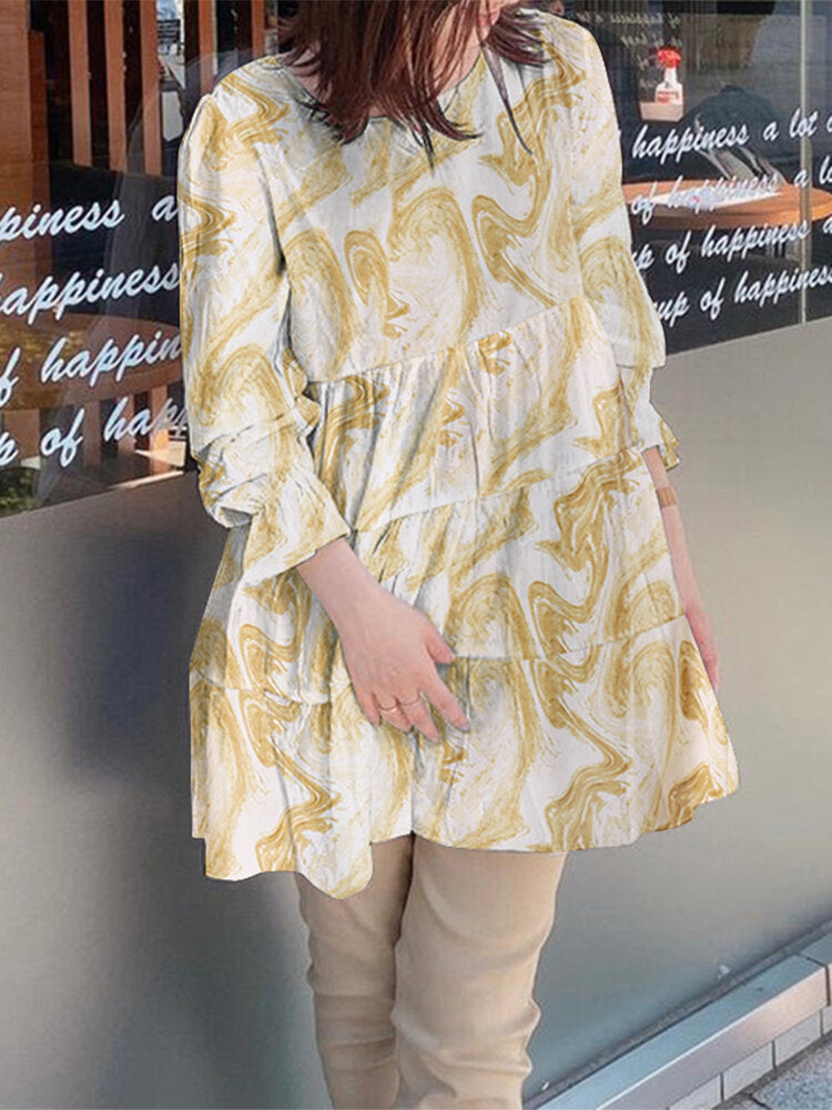 Wave Print Round Neck Ruffle Long Sleeve Blouse