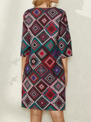 Women Ethnic Geometric Print 3/4 Sleeve Vintage Casual Dress With Pocket