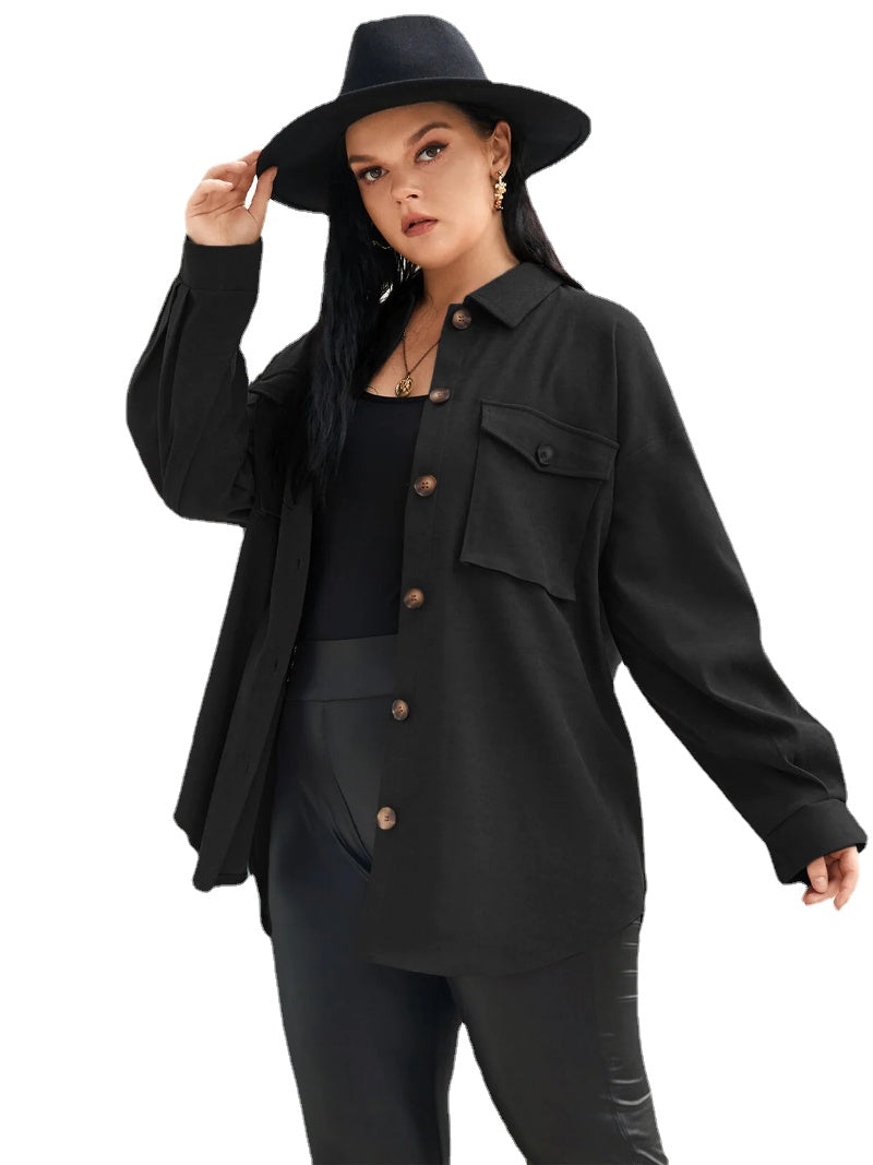 Plus Size Classic Collar Front Button Pocket Long Sleeves Blouse