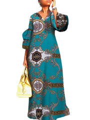 Tribal Pattern Long Sleeve V-neck Maxi Dress For Women
