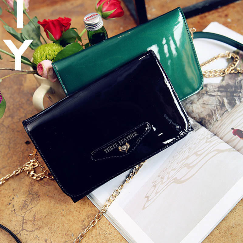 Female Casual Patent Leather Small Square Bag Chain Phone Shoulder Messenger with Transparent Slot