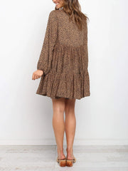 Women Leopard Print V-Neck Button Loose Long Sleeve Dresses