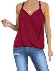 Casual Burgundy Halter V-neck Sleeveless Front Cross Elegant Tank Top