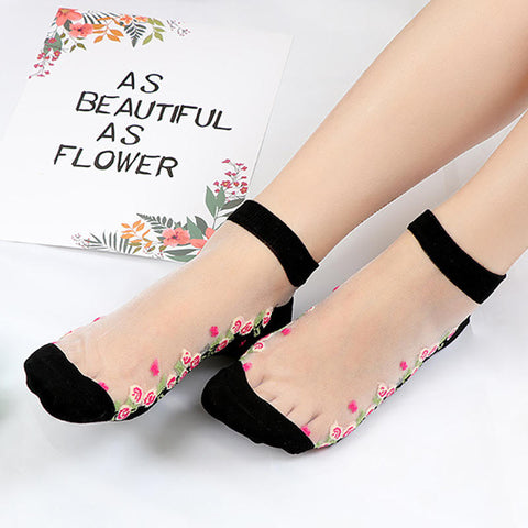Women Ultrathin Breathable Printting Embroidered Cotton Lace Low Cut Non Slip Sock