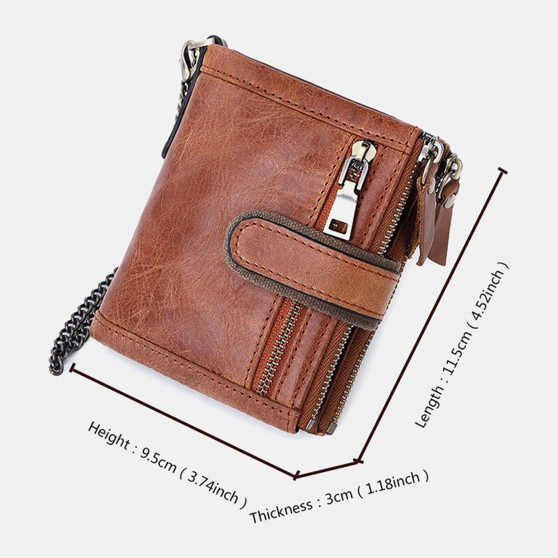 Men Genuine Leather RFID Anti-theft Retro Zipper Cowhide Chain Multi-slot Card Holder Wallet