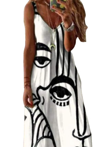 Women's Sleeveless Print Ruched V Neck Elegant Abstract Chic Long Dress
