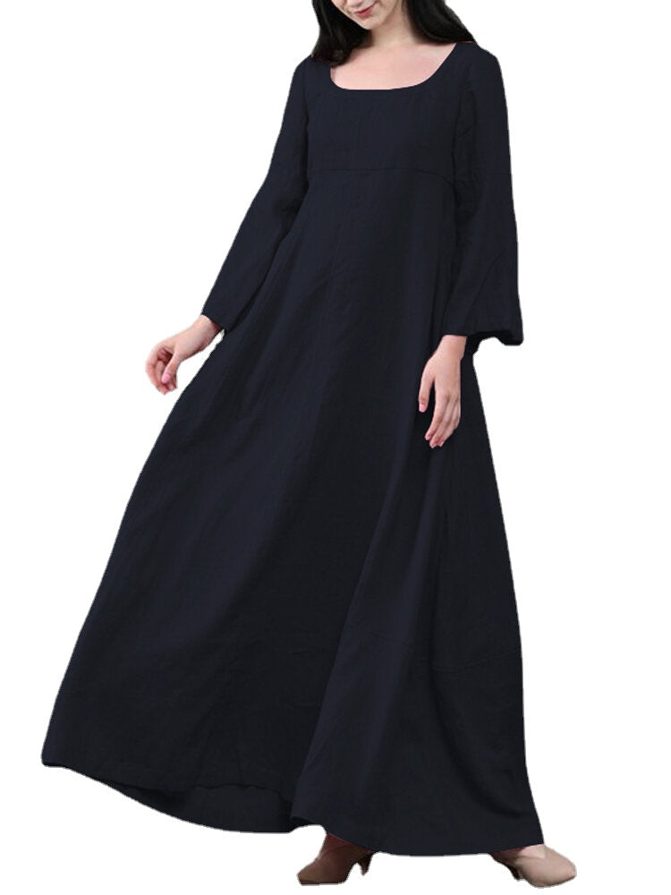 Women Solid Color Square Neck Ruffles Sleeve Zipper Loose Casual Maxi Dress