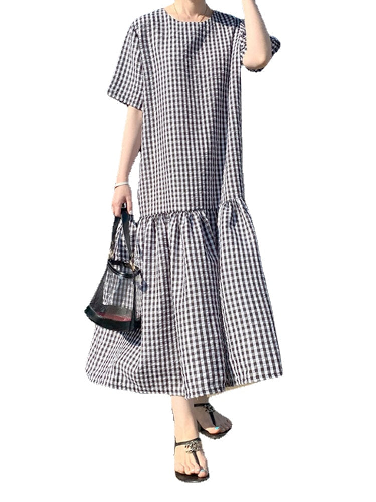 Casual Plaid O-neck Half Sleeve Bohemia Holiday Plain Maxi Dress