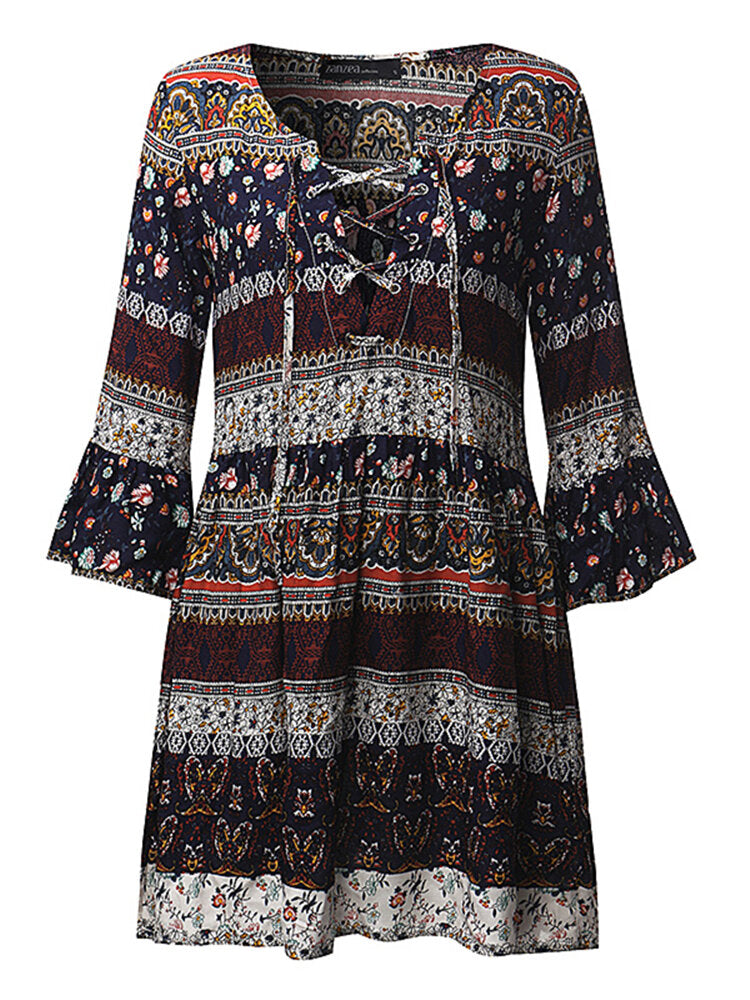 Bohemian Women V-neck Bell Sleeve Floral Printed Mini Dress