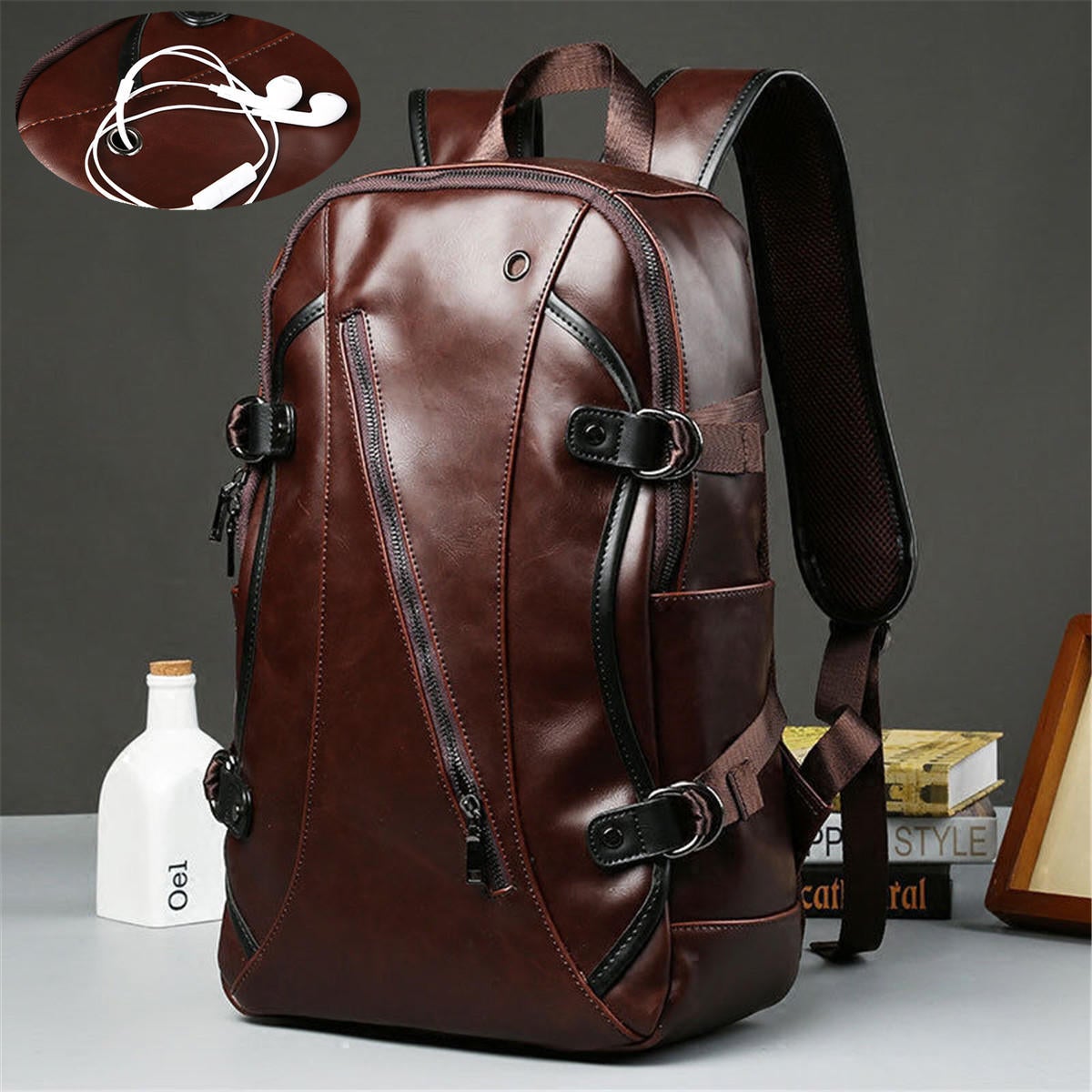 Men Leather Backpack Waterproof Laptop School Bag Travel Satchel Rucksack Large