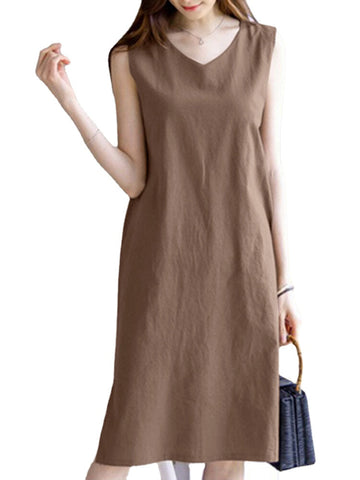 Leisure Solid Slit Hem V Neck Sleeveless Cotton Midi Dress