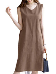 Leisure Solid Slit Hem V Neck Sleeveless Cotton Midi Dress