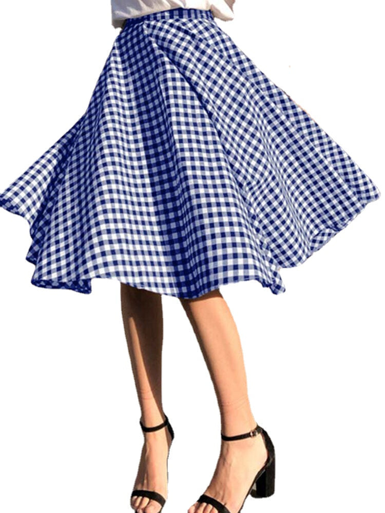 Women Plaid Pleated Spliced Loose Casual Leisure Skirts