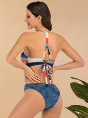 Women Multi-Color Striped Triangle Backless Swimsuit Bikini