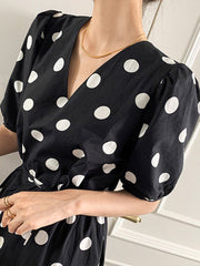 Polka Dot Print Half Sleeve V-neck Puff Drawstring Dress