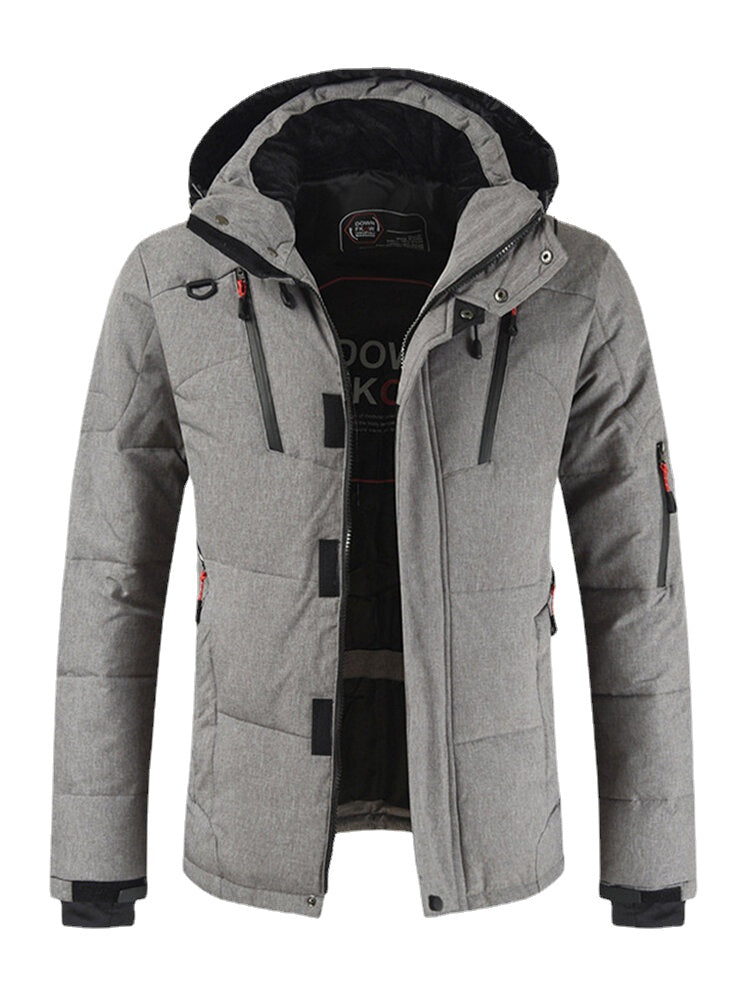 Mens Winter Warm Thicken Zipper Detail Solid Color Hooded Down Coat