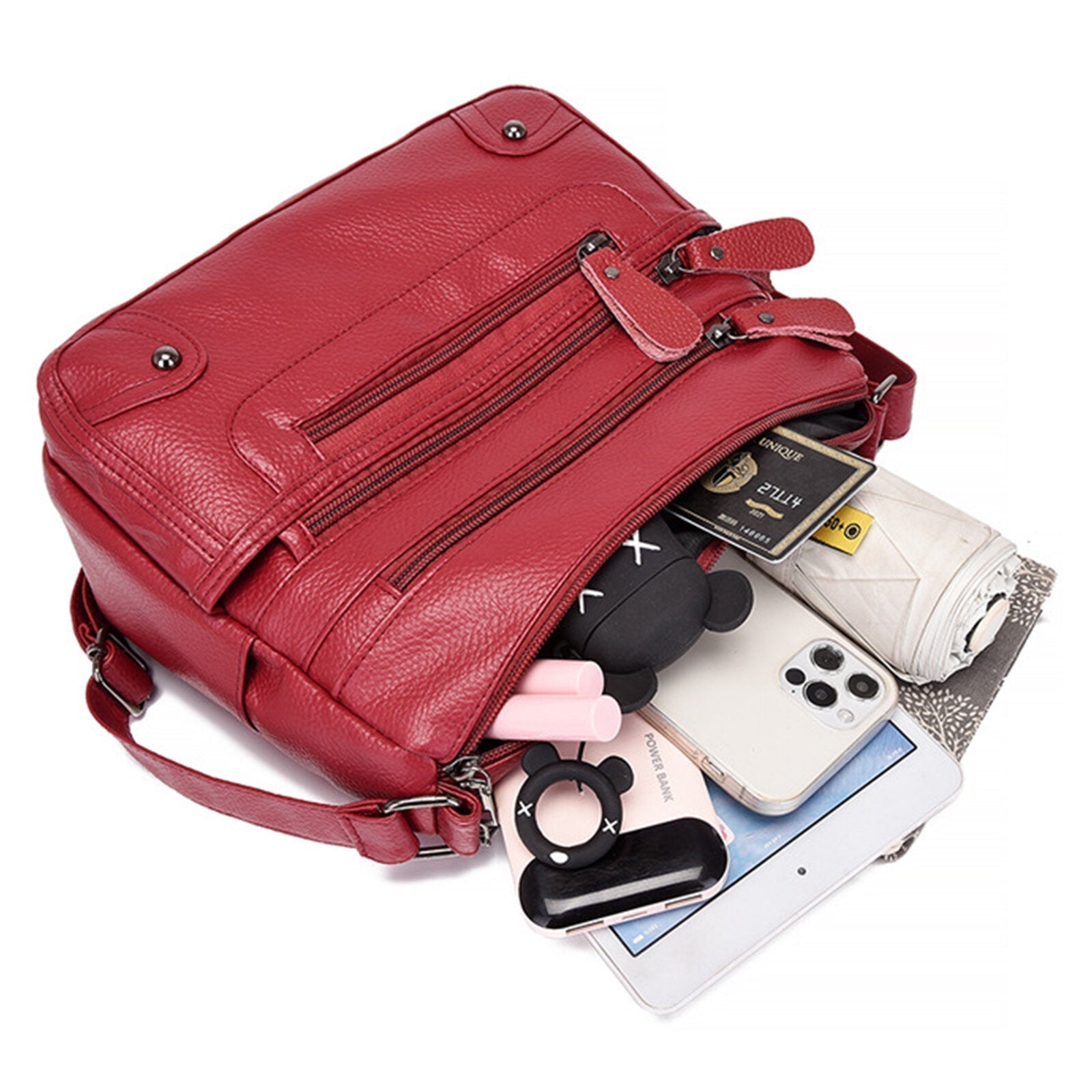 Women Artificial Leather Vintage Soft Lychee Pattern Crossbody Bag Large Capacity Multi-pocketed Shoulder Messenger Bag