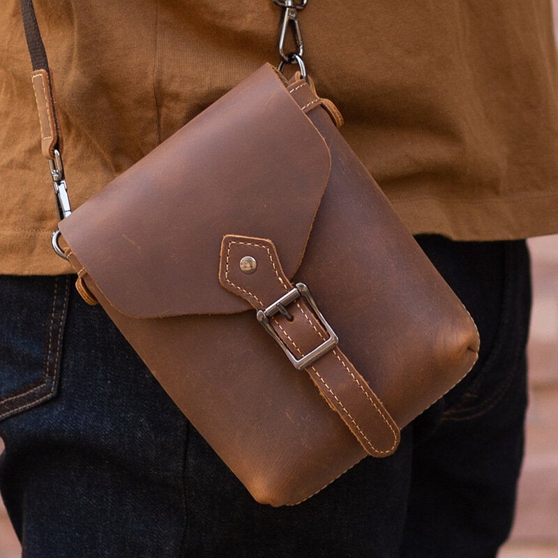 Men Genuine Leather Multifunction Lightweight Crossbody Bag Vintage 6.5 Inch Phone Waist Belt