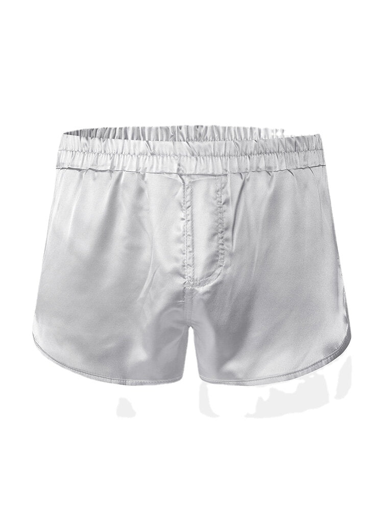 Mens Solid Color Soft Silk Breathable Loose Lightweight Home Elastic Mid Waist Boxers