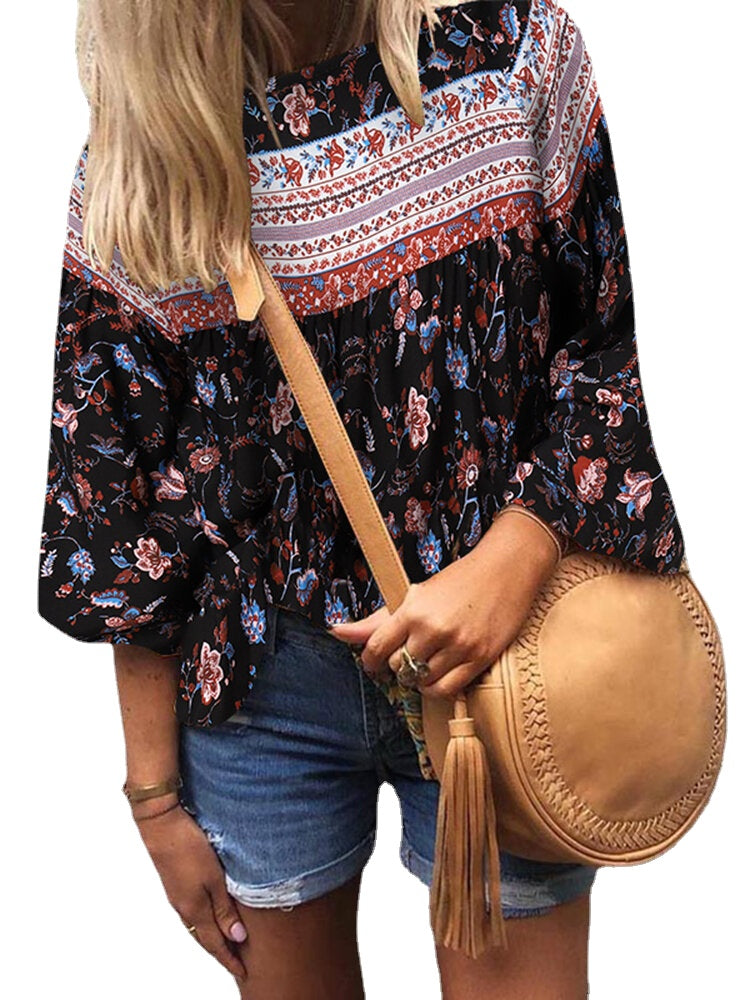 Floral Print Bohemian Long Sleeve Crew Neck Blouse