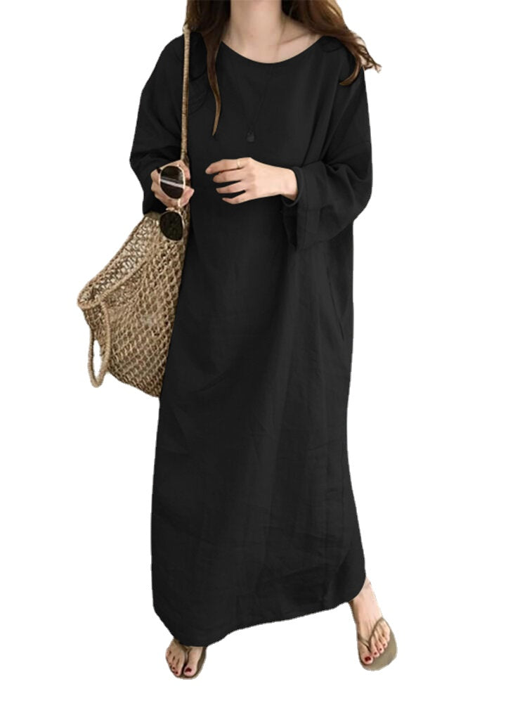 Women Long Sleeve 100% Cotton Shirt Dress Solid Color Ankle Length Pure Cotton Midi Dresses