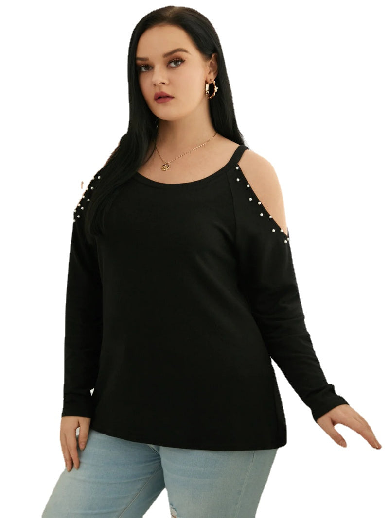 Plus Size Cold Shoulder Jewelled Long Sleeves Tee