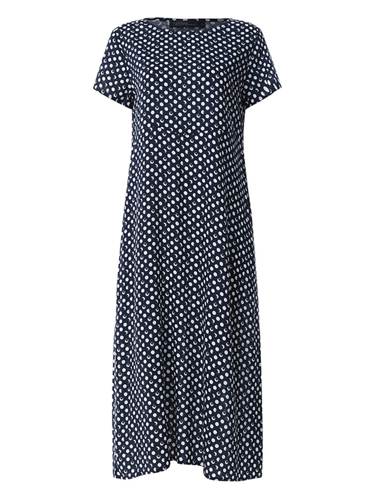 Women Crewneck Polka Dot Print Short Sleeve Midi Dress