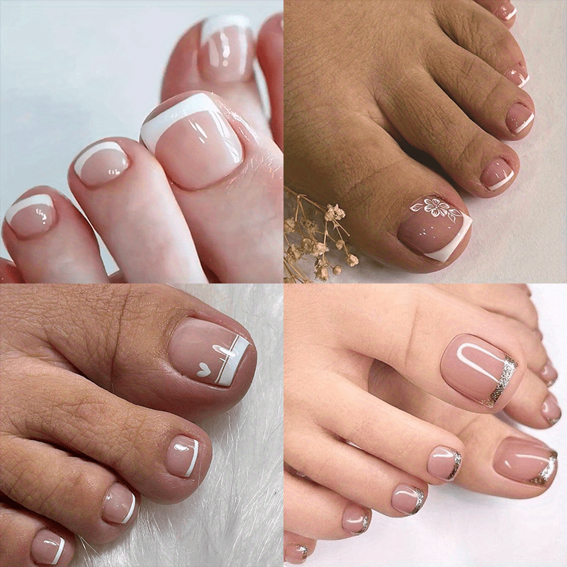 Chic 96PCS White French Glossy Press-On Toenails - Short Square, Floral & Heart Accents, Glitter Finish