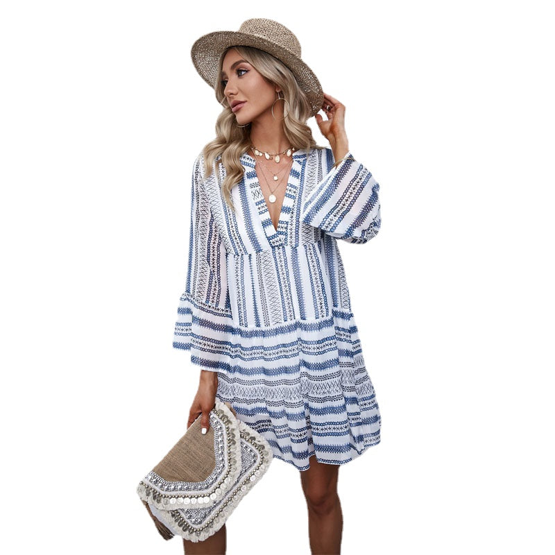 Long Sleeve Thin Fashion Pullover Deep V-Knee Dress