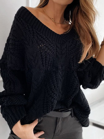 Women V-Neck Solid Color Knitting Hollow Out Casual Sweaters