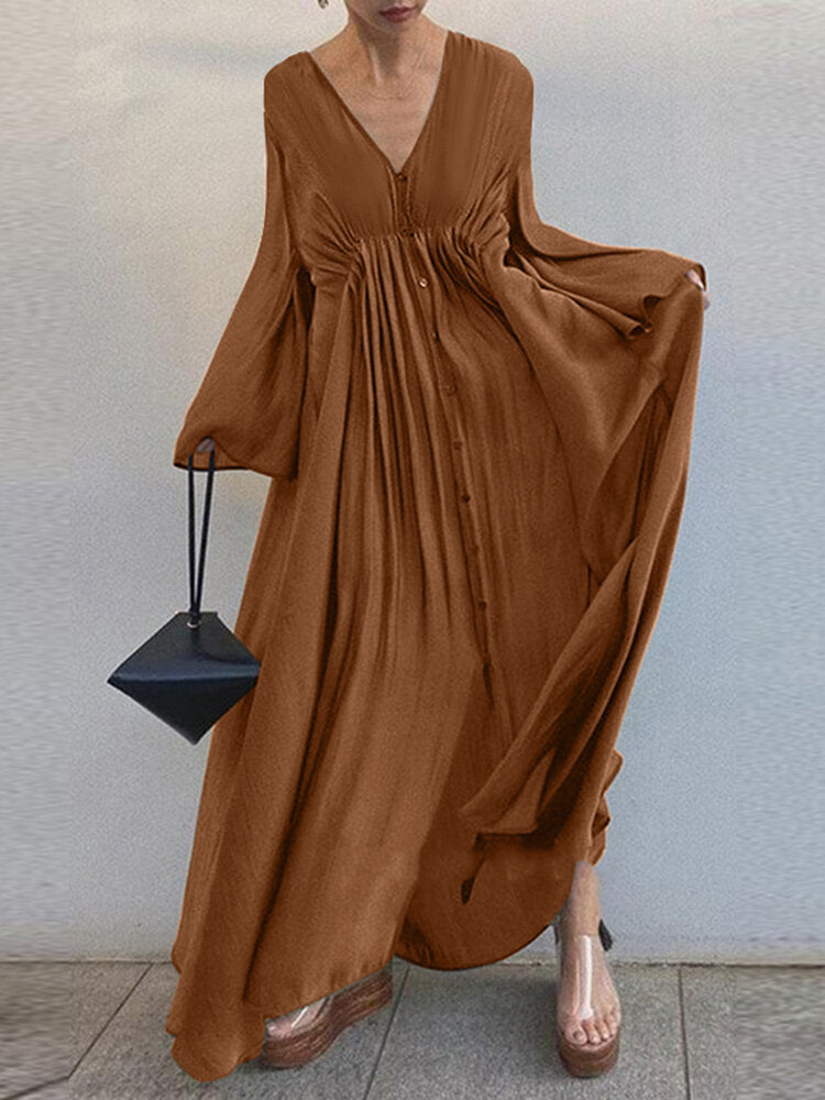 Solid Color V-neck Long Sleeve Big Swing Pleated Button Casual Maxi Dress For Women