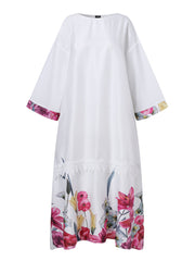 Women Solid Calf-Length Pleating Spliced Floral Daily Leisure Holiday Dress