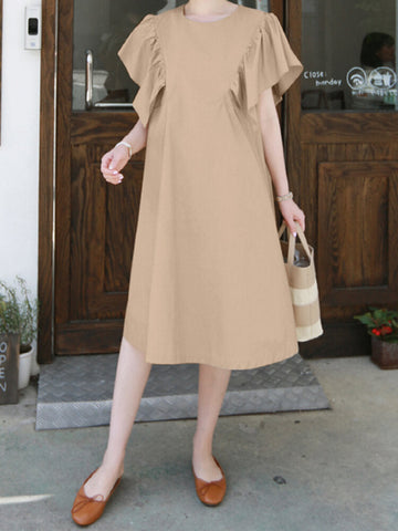 100% Cotton Loose Ruffles Solid Dress