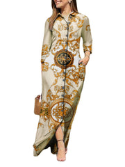 Tribal Pattern Pocket Button Long Sleeve Lapel Shirt Maxi Dress