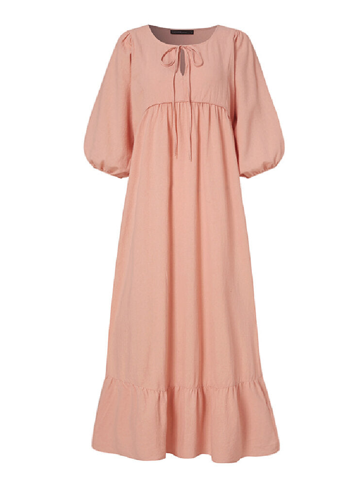 Women Cotton Solid Color Tie Neck Puff Sleeve Ruffle Hem Simple Maxi Dresses