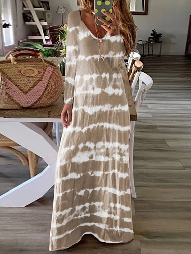 Tie Dye Stripe Print Long Sleeve Casual Loose Maxi Dress