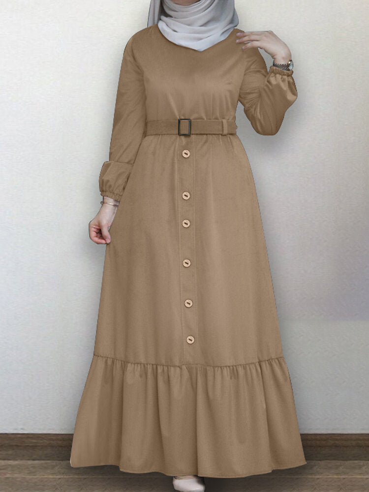 Women Ruffle Hem Solid Color Button Belted Casual Long Sleeve Maxi Dress