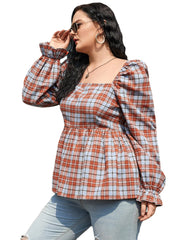 Plus Size Square Neck Plaid Shirring Long Sleeves Blouse