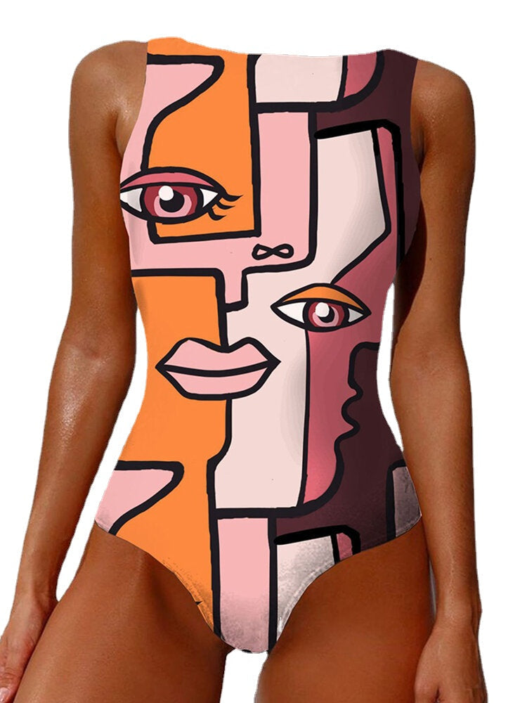 Abstract Figure Print Open Back Sleeveless One Piece Beach Swimwear For Women