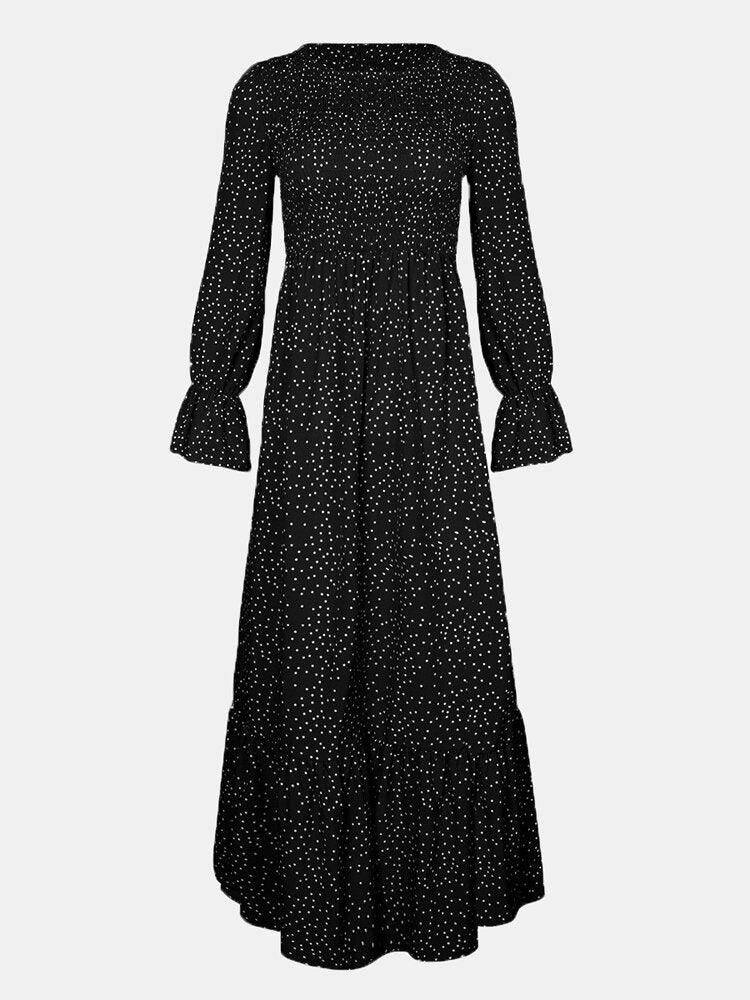 Women Polka Dot Print Pleated O-Neck Casual Long Sleeve Layered Maxi Dress