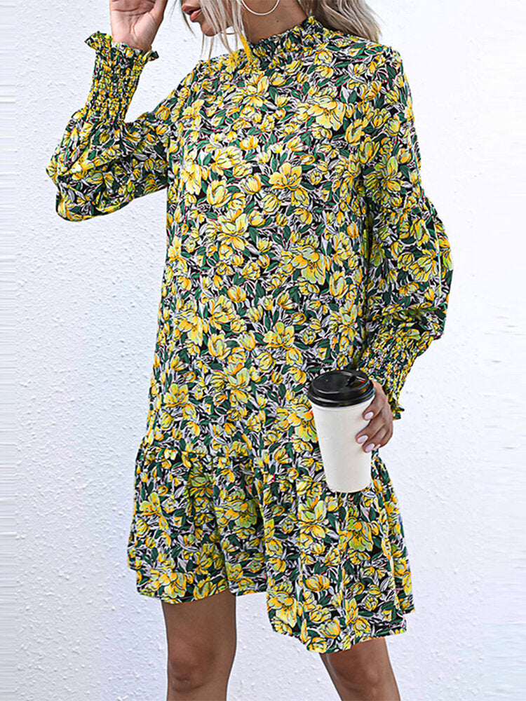 Floral Print Shirred Lantern Long Sleeve Dress For Women