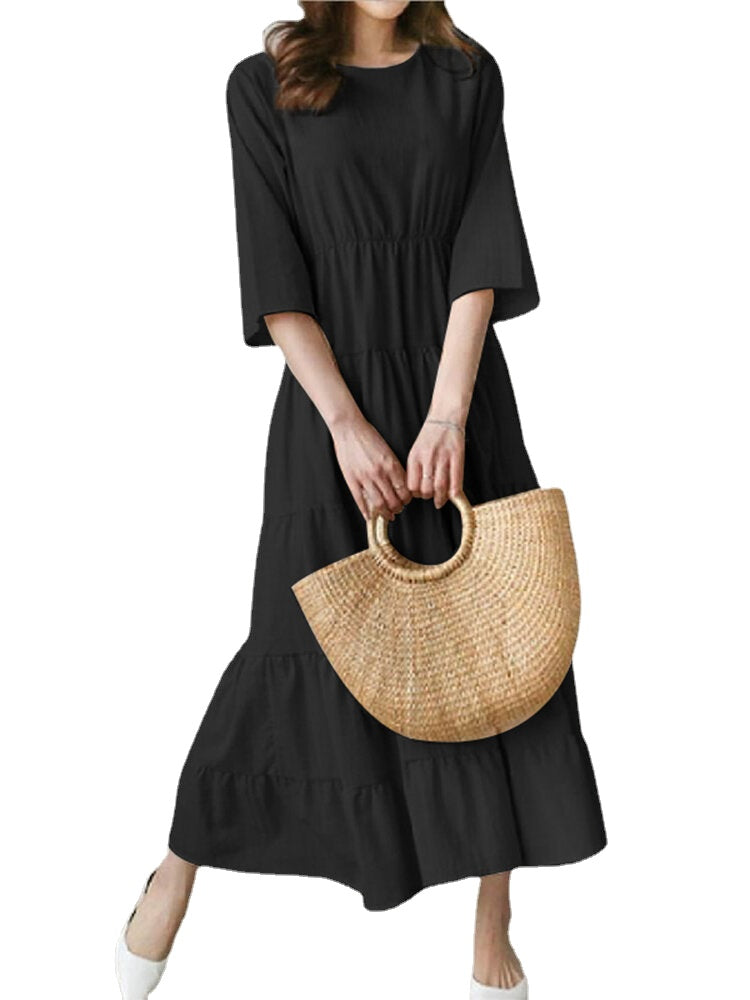 Women Plain O-Neck Stitching Layered Elastic Waist 3/4 Sleeve Maxi Dress