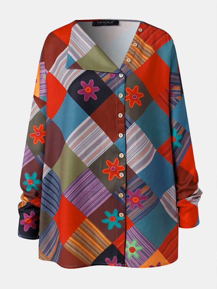 Women Color Block Floral Print Casual Button Up Long Sleeve Blouse