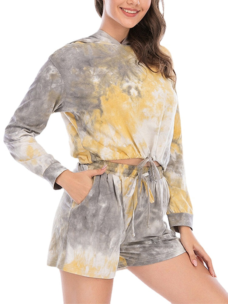 Women Tie Dye Hooded Long Sleeve Home Casual Two-Piece Set