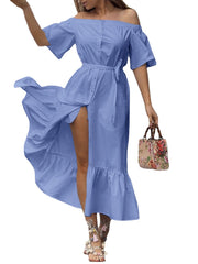 Solid Color Off Shoulder Pleated Ruffles Zipper Casual Holiday Maxi Dress