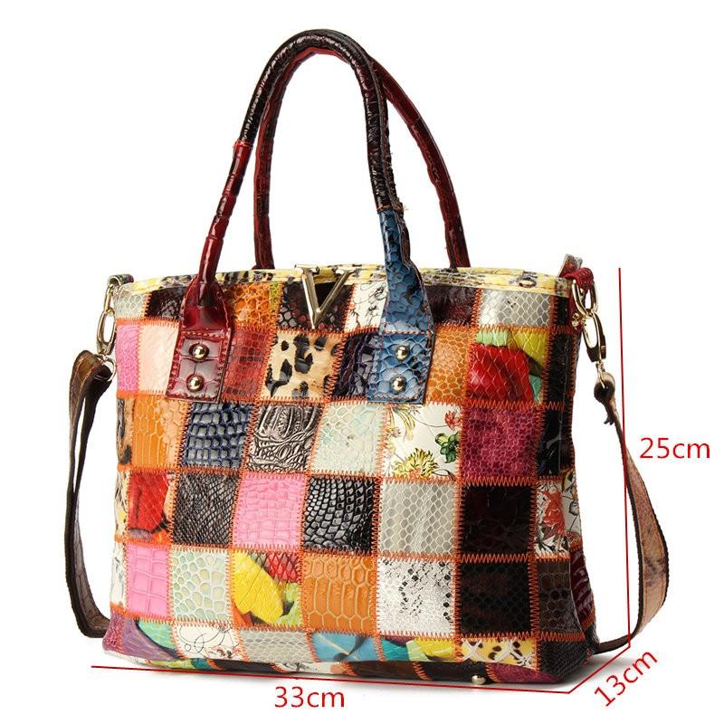 Women Genuine Leather Vintage Tote Handbag Large Capacity Stitching Crossbody Bag