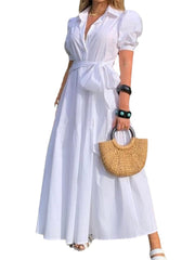 Solid Puff Sleeve Belt Bow Button Lapel Maxi Shirt Dress